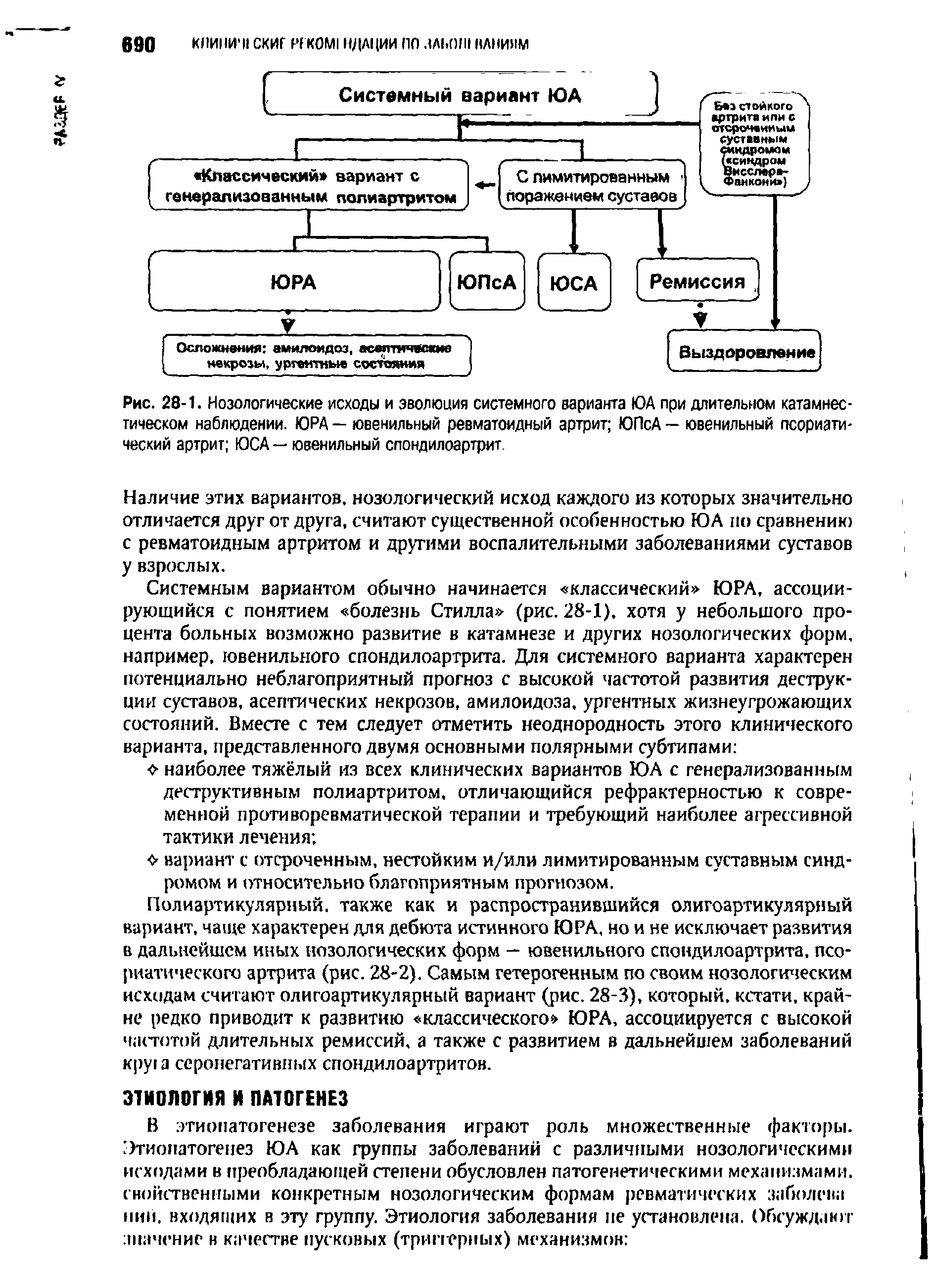 Рис. 28-1. Нозологические исходы и эволюция системного варианта ЮА при длительном катамнес-тическом наблюдении. ЮРА — ювенильный ревматоидный артрит ЮПсА — ювенильный псориатический артрит ЮСА — ювенильный спондилоартрит.