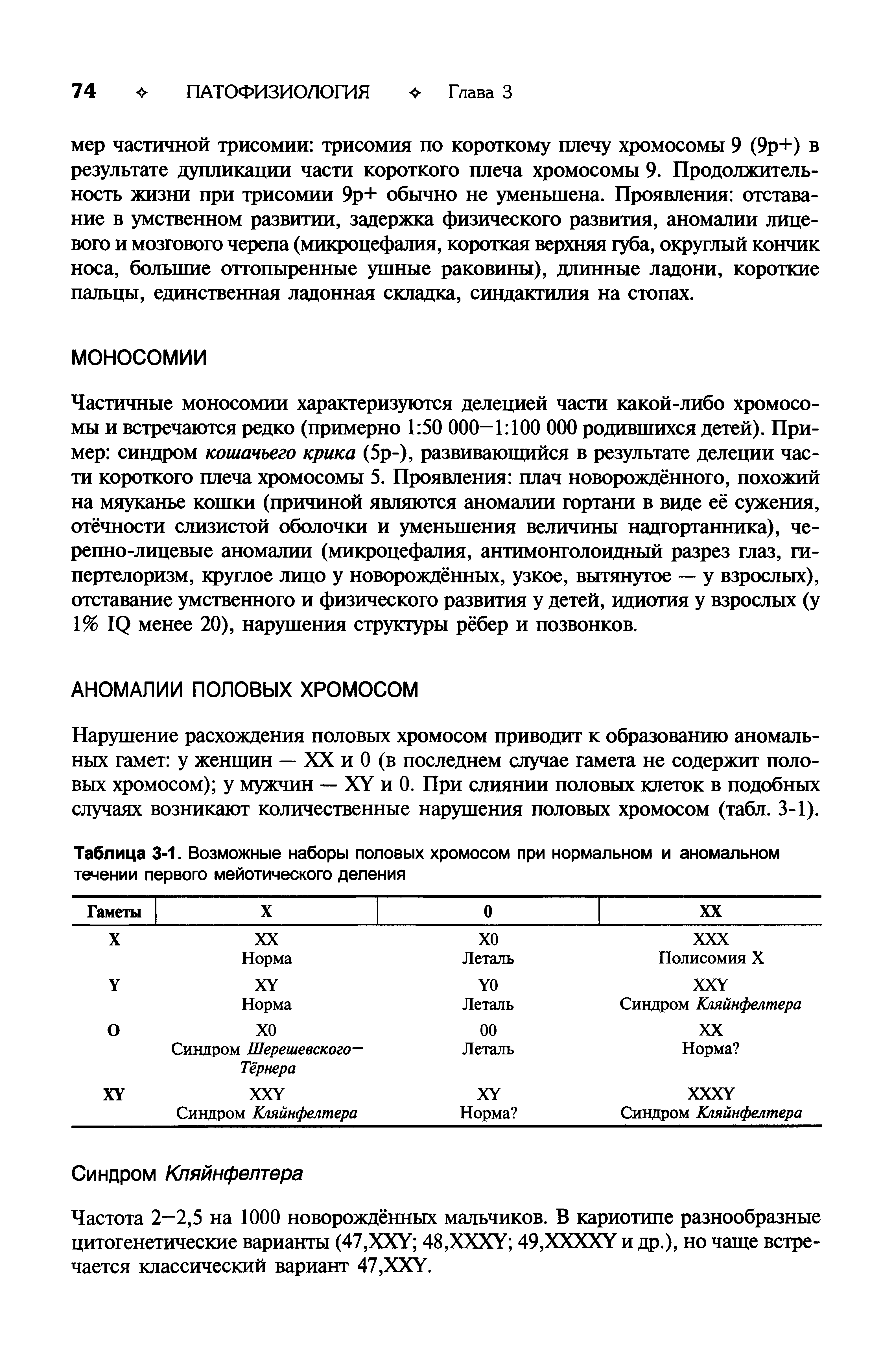 Таблица 3-1. Возможные наборы половых хромосом при нормальном и аномальном течении первого мейотического деления...