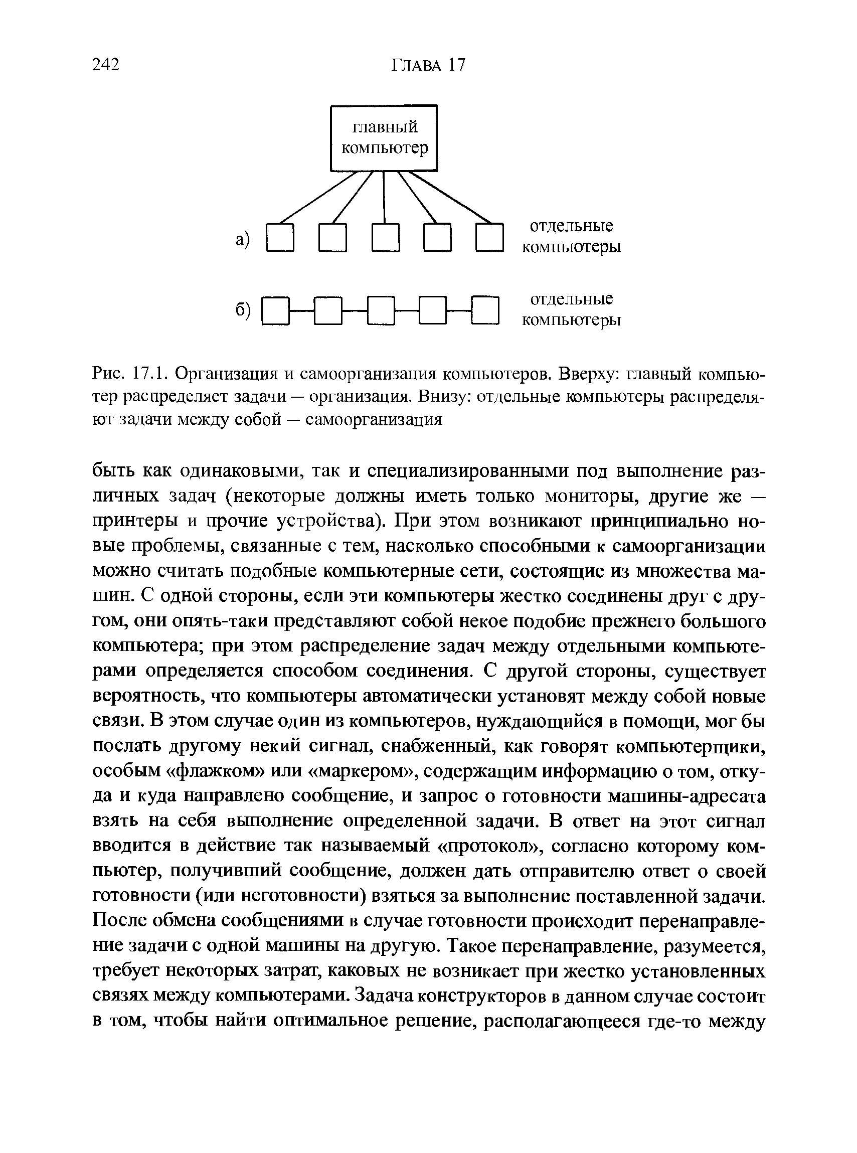 Рис. 17.1. Организация и самоорганизация компьютеров. Вверху главный компьютер распределяет задачи — организация. Внизу отдельные компьютеры распределяют задачи между собой — самоорганизация...